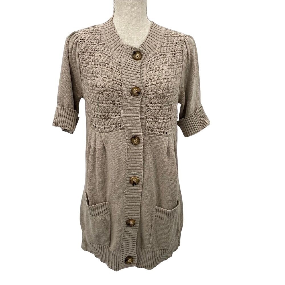 MICHAEL Michael Kors Medium Tan Knit Cardigan Sweater Short Sleeve Pockets Cozy